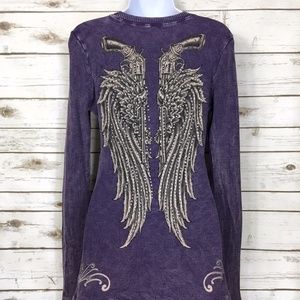 Rock & Rose Purple Angel Wings and Guns Bling Top